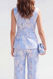 2-delige blauwe sjaalrevers met één knoop Jacquard bloemen damespakken