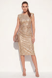 Glitterende gouden ronde hals bodycon pailletten midi werkjurk met split