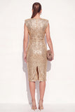 Glitterende gouden ronde hals bodycon pailletten midi werkjurk met split