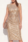 Glitterende gouden ronde hals bodycon pailletten midi werkjurk met split