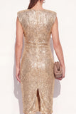 Glitterende gouden ronde hals bodycon pailletten midi werkjurk met split