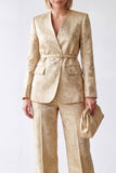2-delige gouden V-hals Jacquard Damespakken met riem