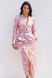Roze Fuchsia Bloem Satijn 2-delige Peak Revers Midi jurk met split