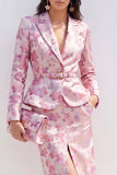 Roze Fuchsia Bloem Satijn 2-delige Peak Revers Midi jurk met split