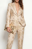 Gouden 2-delige Jacquard Peak revers Eenknops Slim Fit Damespakken