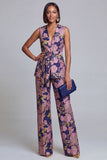 2-delige marineblauwe roze bloemen V-hals damespakken met riem