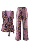 2-delige marineblauwe roze bloemen V-hals damespakken met riem