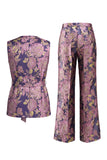 2-delige marineblauwe roze bloemen V-hals damespakken met riem