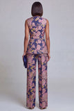 2-delige marineblauwe roze bloemen V-hals damespakken met riem