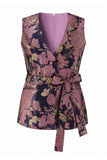 2-delige marineblauwe roze bloemen V-hals damespakken met riem