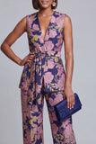 2-delige marineblauwe roze bloemen V-hals damespakken met riem