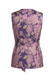 2-delige marineblauwe roze bloemen V-hals damespakken met riem