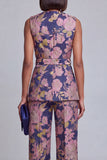 2-delige marineblauwe roze bloemen V-hals damespakken met riem