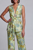 2-delige marineblauwe roze bloemen V-hals damespakken met riem