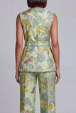 2-delige marineblauwe roze bloemen V-hals damespakken met riem