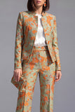 Stoffige groene open-front 2-delige slim fit bloemen damespakken