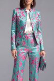 Stoffige groene open-front 2-delige slim fit bloemen damespakken