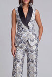 Blauwe tweedelige sjaal met revers Bloemen Dubbelgeknoopte Damespakken met zakken