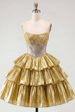 Gouden A-lijn strapless doorschijnende korsetjurk met laagjes homecoming coming jurk met kralen