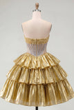 Gouden A-lijn strapless doorschijnende korsetjurk met laagjes homecoming coming jurk met kralen