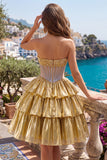 Gouden A-lijn strapless doorschijnende korsetjurk met laagjes homecoming coming jurk met kralen