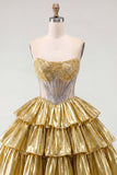 Gouden A-lijn strapless doorschijnende korsetjurk met laagjes homecoming coming jurk met kralen