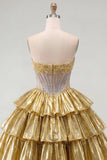 Gouden A-lijn strapless doorschijnende korsetjurk met laagjes homecoming coming jurk met kralen