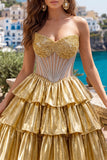 Gouden A-lijn strapless doorschijnende korsetjurk met laagjes homecoming coming jurk met kralen