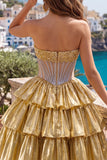 Gouden A-lijn strapless doorschijnende korsetjurk met laagjes homecoming coming jurk met kralen