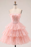Tule A-Line blush strapless bloemenkorset met laagjes homecoming jurk