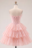 Tule A-Line blush strapless bloemenkorset met laagjes homecoming jurk