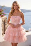 Tule A-Line blush strapless bloemenkorset met laagjes homecoming jurk