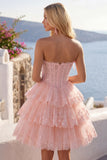 Tule A-Line blush strapless bloemenkorset met laagjes homecoming jurk
