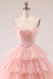 Tule A-Line blush strapless bloemenkorset met laagjes homecoming jurk