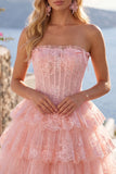 Tule A-Line blush strapless bloemenkorset met laagjes homecoming jurk