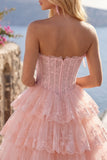 Tule A-Line blush strapless bloemenkorset met laagjes homecoming jurk