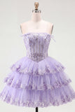 Tule A-Line blush strapless bloemenkorset met laagjes homecoming jurk