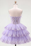 Tule A-Line blush strapless bloemenkorset met laagjes homecoming jurk