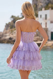 Tule A-Line blush strapless bloemenkorset met laagjes homecoming jurk