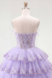 Tule A-Line blush strapless bloemenkorset met laagjes homecoming jurk