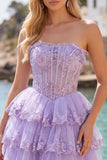 Tule A-Line blush strapless bloemenkorset met laagjes homecoming jurk