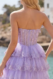 Tule A-Line blush strapless bloemenkorset met laagjes homecoming jurk