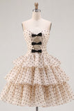 Abrikozenzwarte Dot A-lijn sweetheart chiffon Homecoming-jurk met strik
