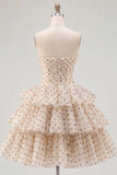 Abrikozenzwarte Dot A-lijn sweetheart chiffon Homecoming-jurk met strik