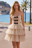 Abrikozenzwarte Dot A-lijn sweetheart chiffon Homecoming-jurk met strik