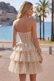 Abrikozenzwarte Dot A-lijn sweetheart chiffon Homecoming-jurk met strik