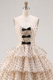 Abrikozenzwarte Dot A-lijn sweetheart chiffon Homecoming-jurk met strik