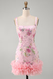 Roze vierkante hals bodycon bloemenpailletten homecoming jurk met ruches