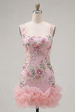 Roze vierkante hals bodycon bloemenpailletten homecoming jurk met ruches