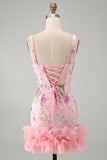 Roze vierkante hals bodycon bloemenpailletten homecoming jurk met ruches
